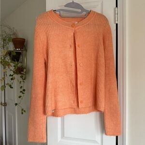 Mango MNG Peach Soft Fuzzy Ribbed Cardigan Sweater Button Front Knit - Size L